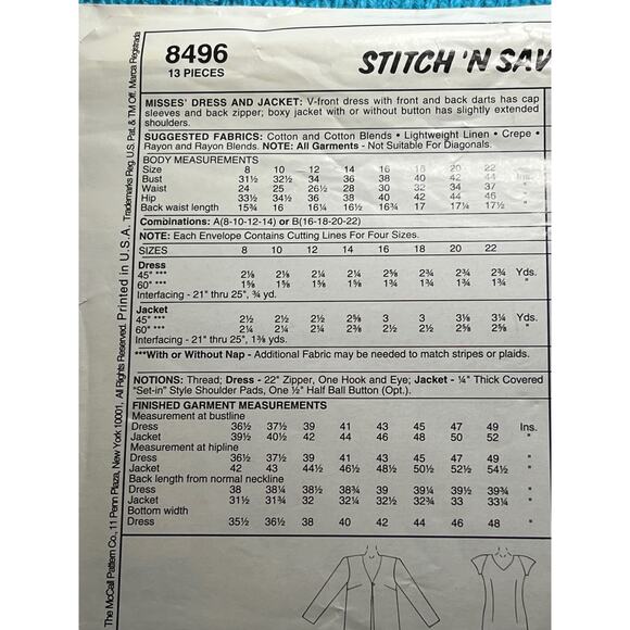McCalls 8496 Sewing pattern dress blazer size 16 18 20 22 - Picture 3 of 5